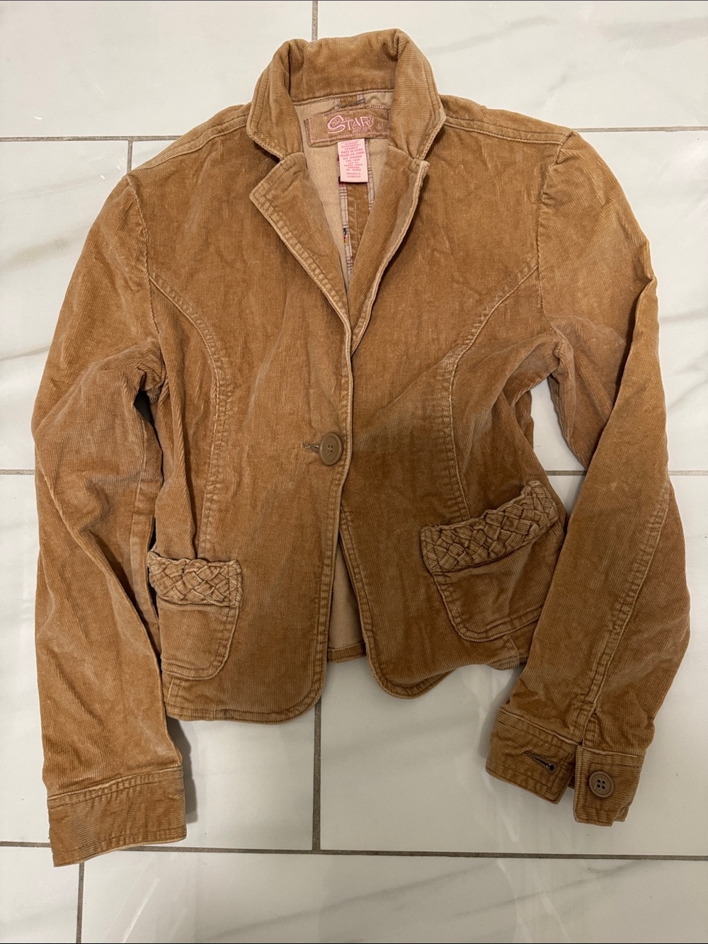 Star Corduroy Single-Button Blazer in Tan with Braided Pocket Detail
